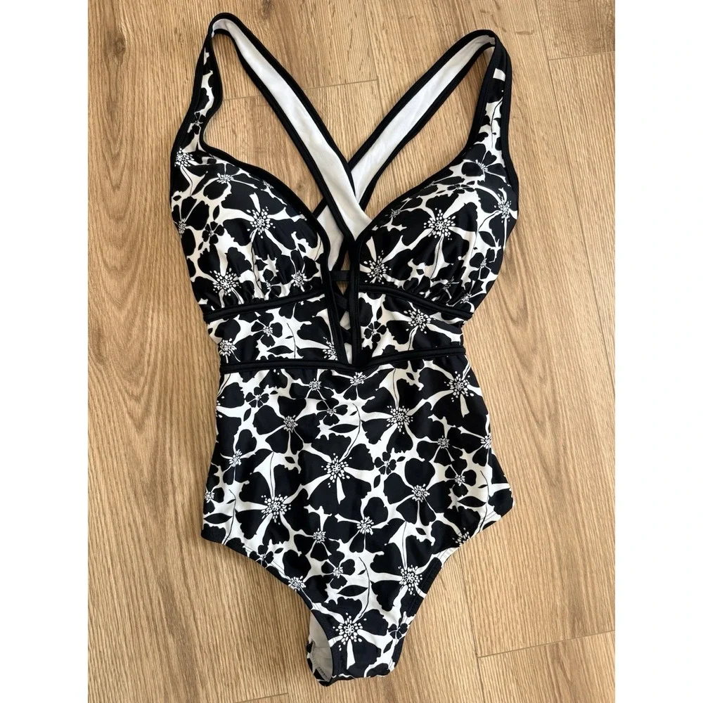 Adore Me Womens One Piece Swimsuit Black White Floral Lace Up Plunge V-Neck NWT